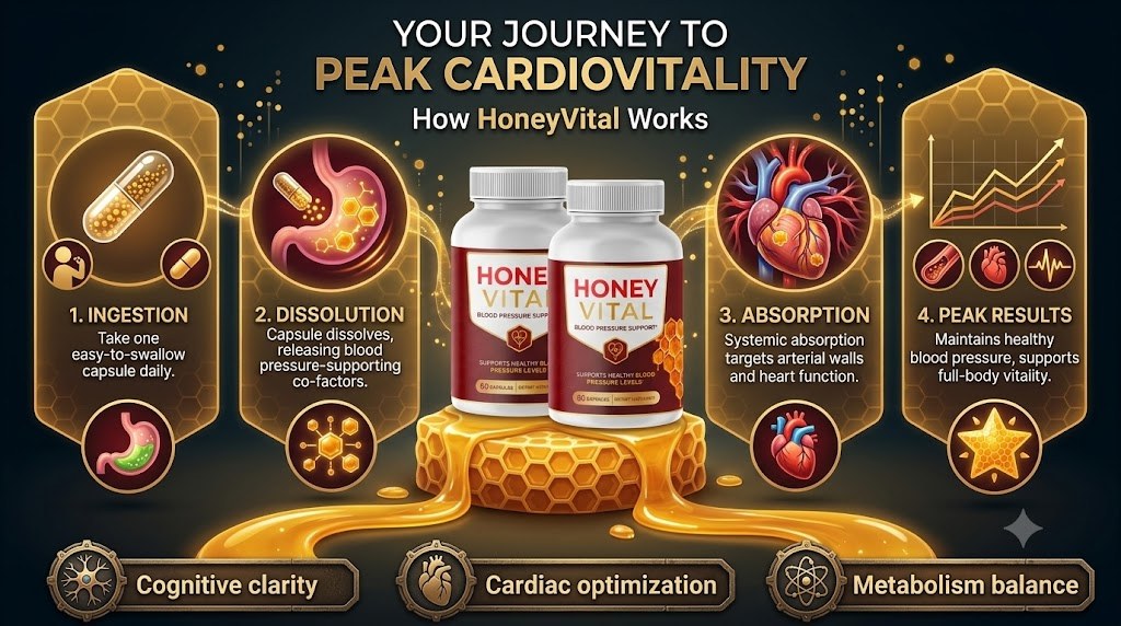 Infographic: Your Journey to Peak Cardiovitality, how Honey Vital works in four steps: Ingestion, Dissolution, Absorption and Peak Results