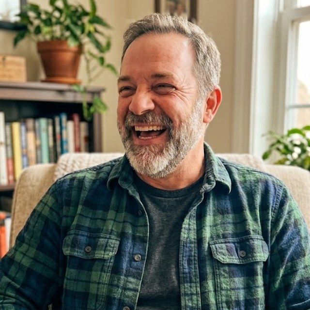 A bearded man laughing in a cozy living room