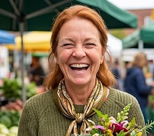 A woman laughing at a farmers market holding flowers